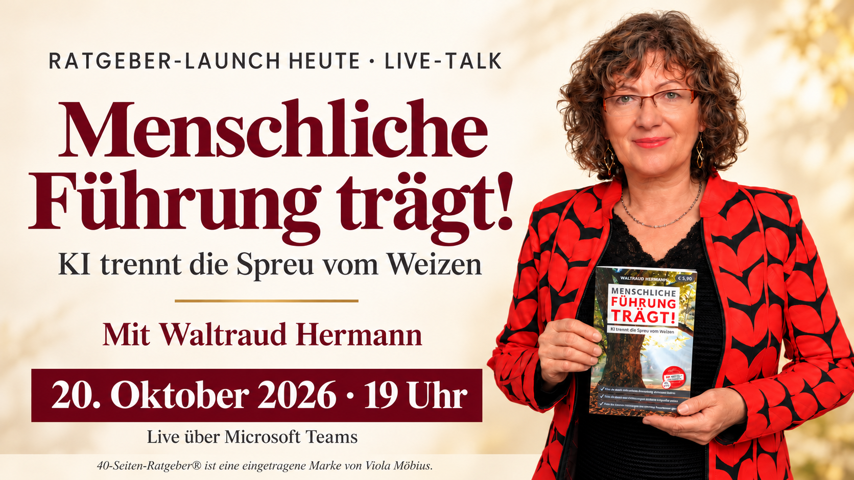20261020_Ratgeber_Launch_Einladung Waltraud Hermann mit Ratgeber in der Hand und Ankündigung Live-Premiere des Ratgebers